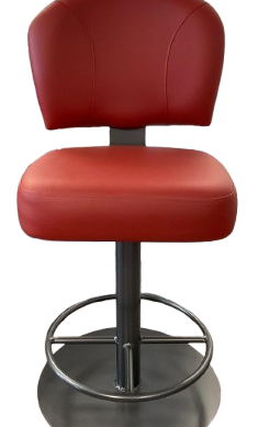 Red adjustable bar stool with backrest and chrome base